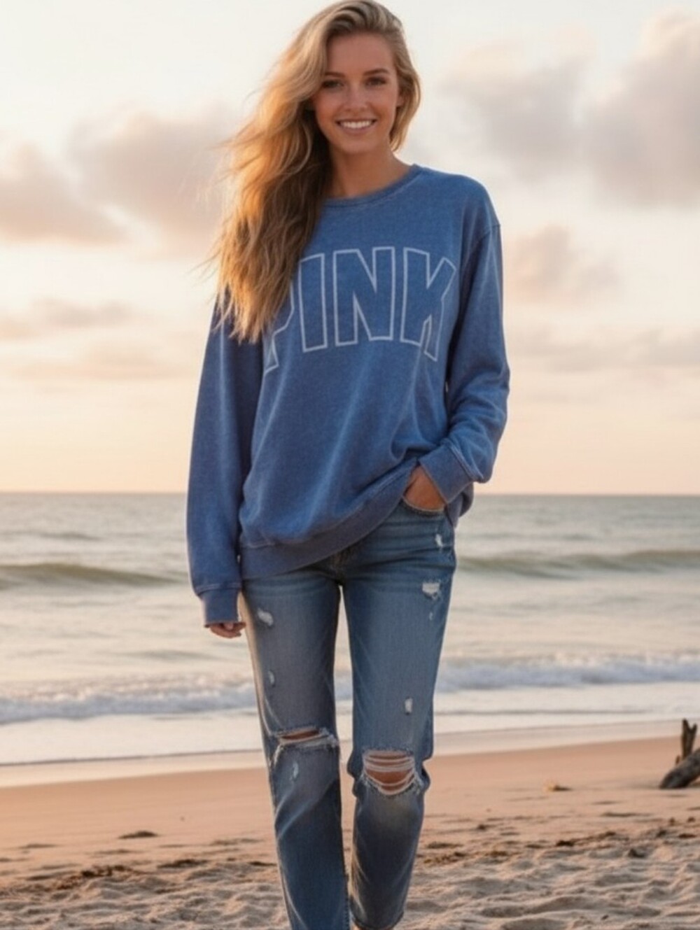 Vintage PINK Victoria's Secret Blue Distressed Soft Crew Neck Sweatshirt, M, EUC